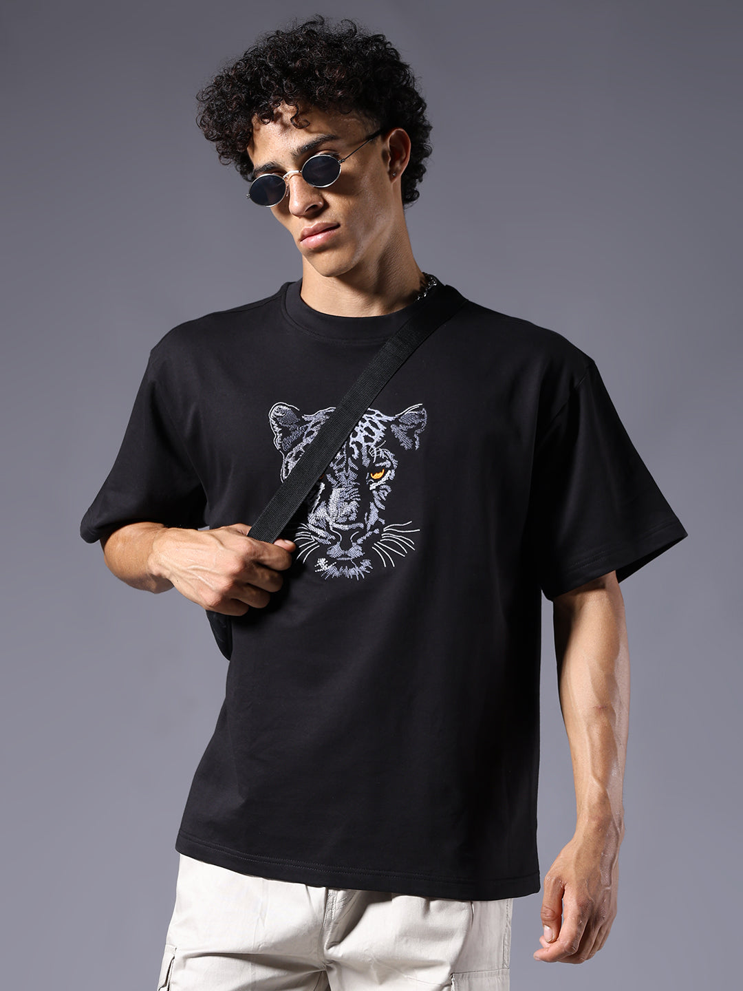 Panther Embroidered Men's Premium Oversized Terry T-Shirt – Black