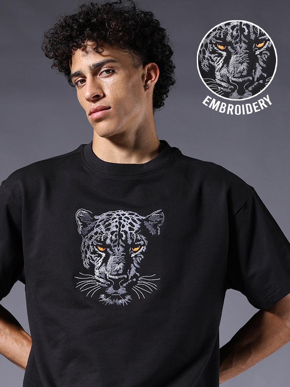 Panther Embroidered Men's Premium Oversized Terry T-Shirt – Black