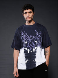 Men's Black Retro Wash Puff Printed Oversized T-Shirt