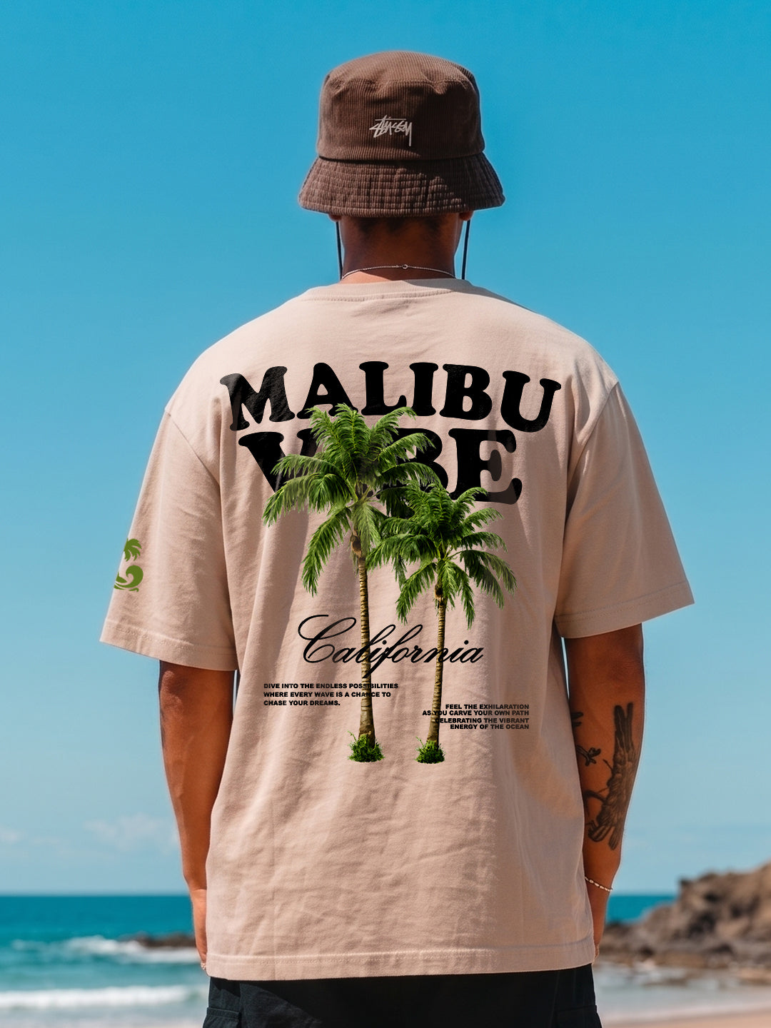 Malibu Men's Printed Oversized T-Shirt – Beige
