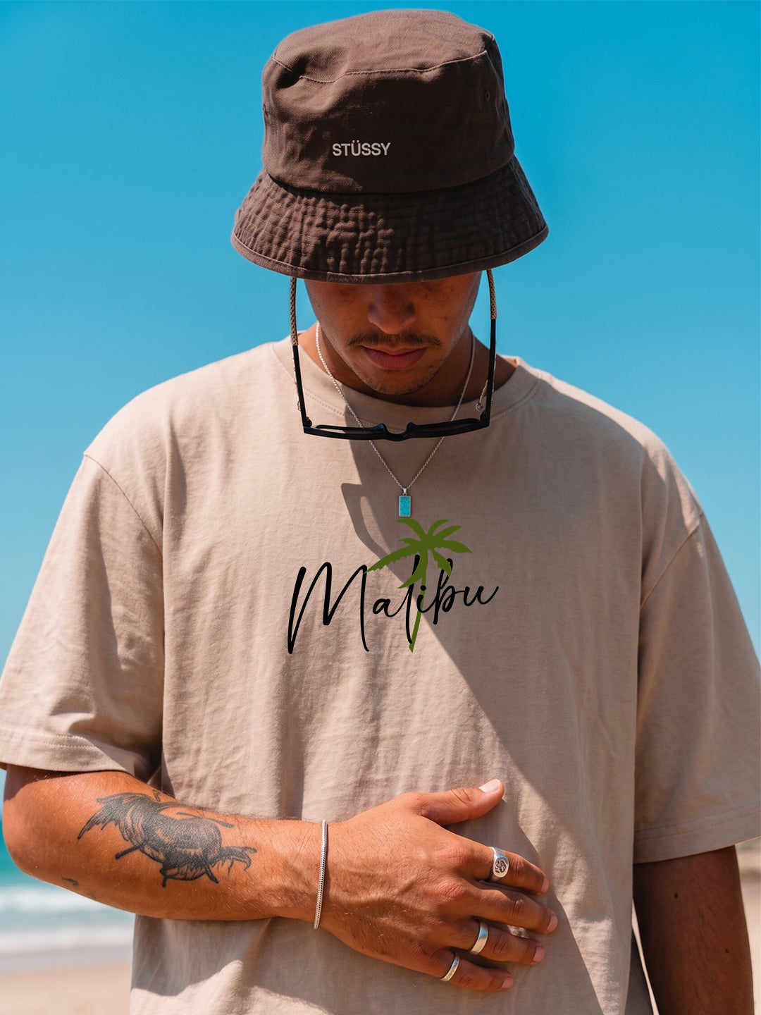 Malibu Men's Printed Oversized T-Shirt – Beige