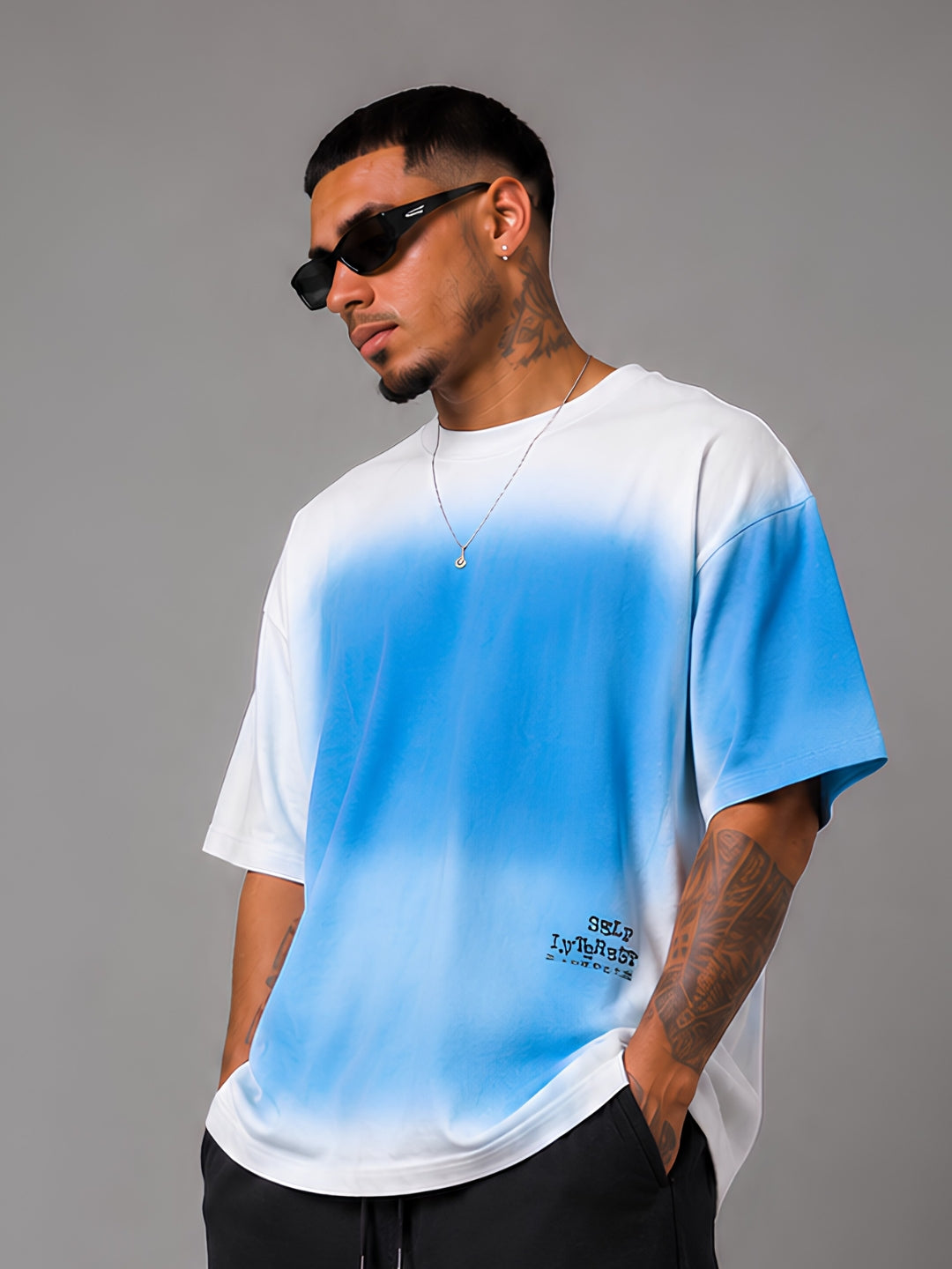 Men's Retro Wash Puff Printed Oversized T-Shirt – Blue
