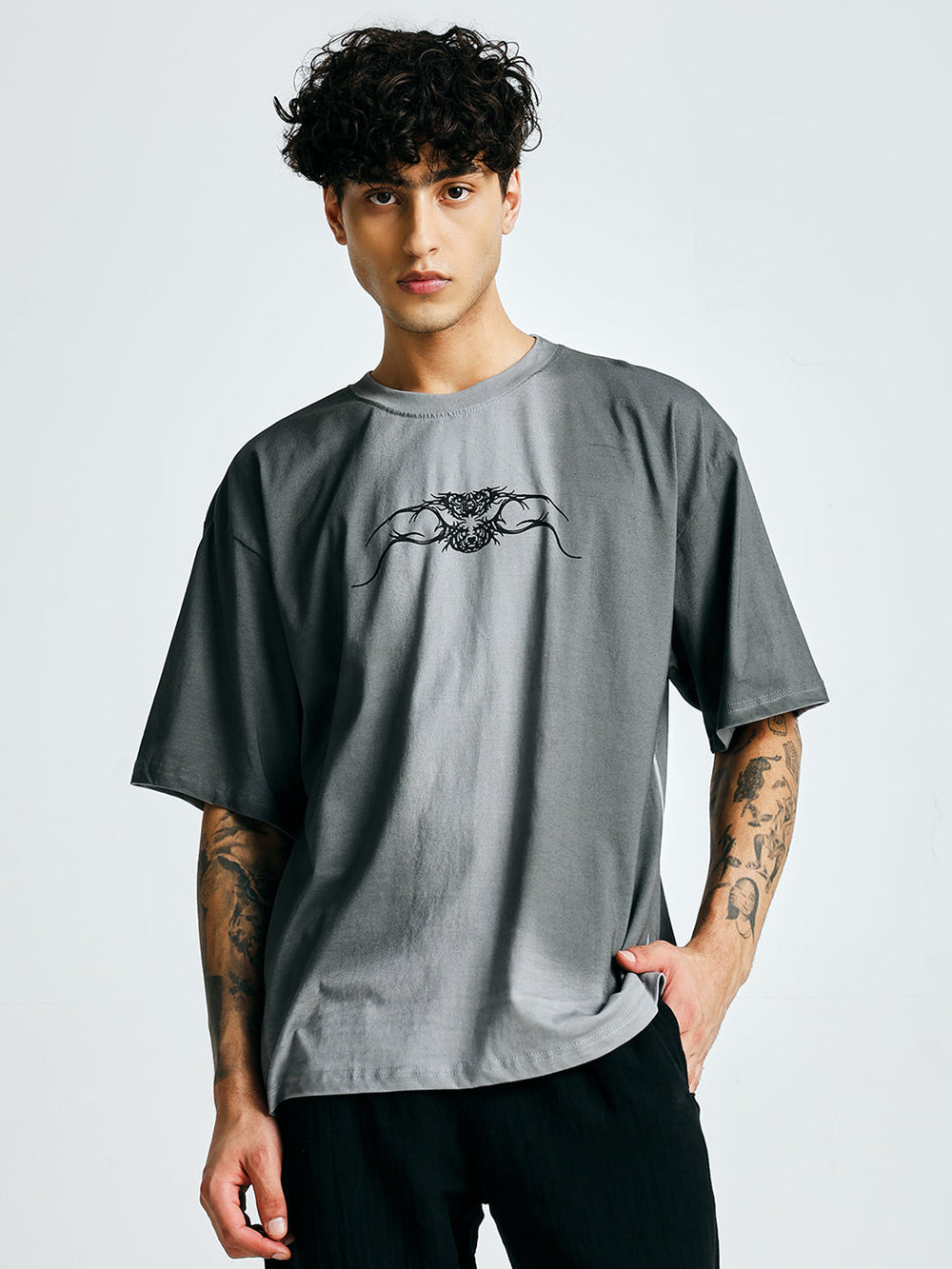 Men's Retro Wash Printed Oversized T-Shirt – Grey