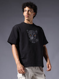 Panther Embroidered Men's Premium Oversized Terry T-Shirt – Black