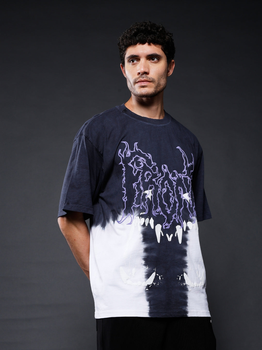 Men's Black Retro Wash Puff Printed Oversized T-Shirt