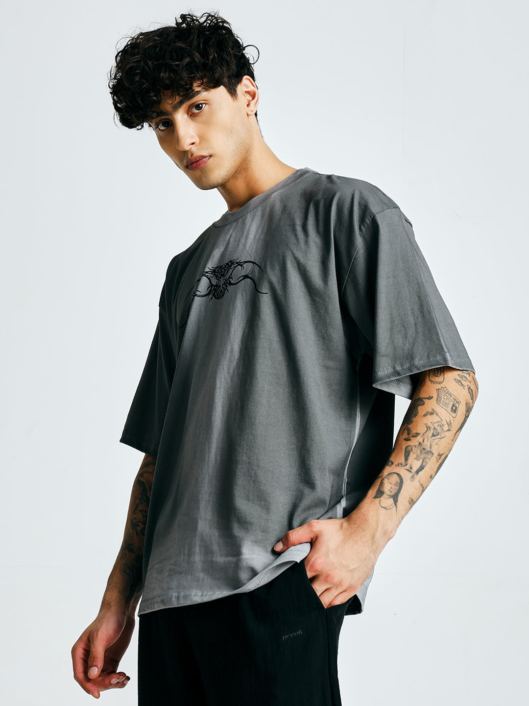 Men's Retro Wash Printed Oversized T-Shirt – Grey
