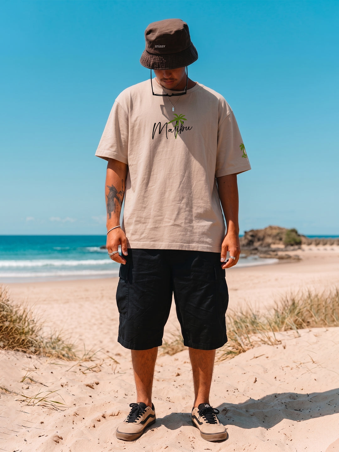 Malibu Men's Printed Oversized T-Shirt – Beige