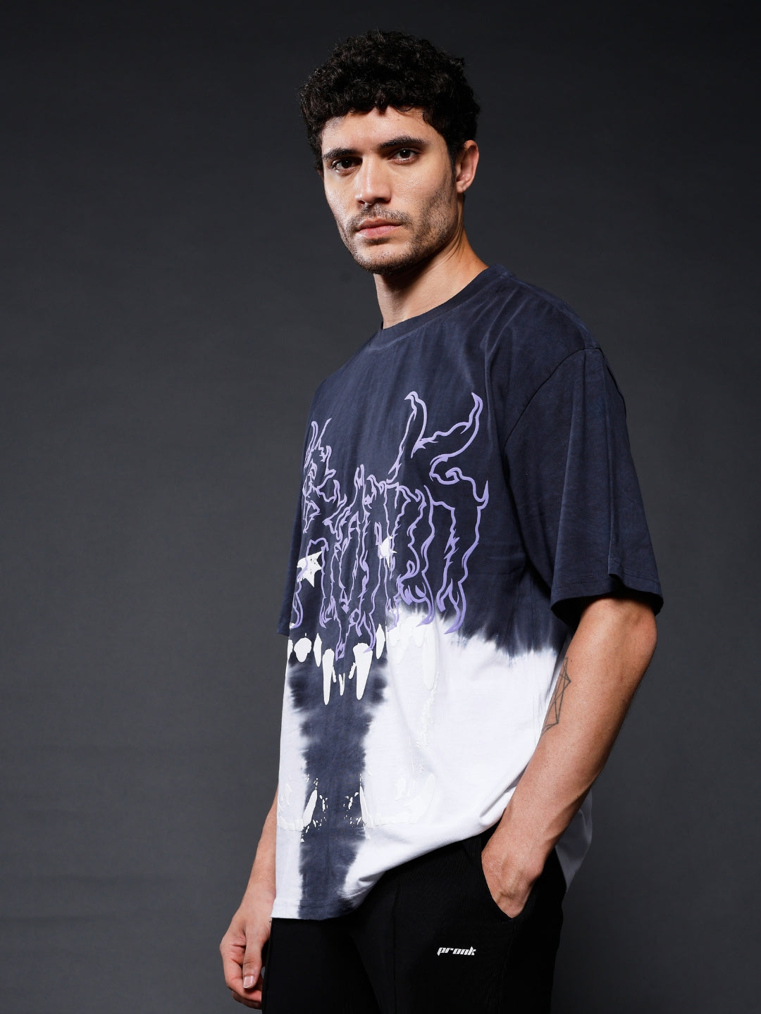 Men's Black Retro Wash Puff Printed Oversized T-Shirt
