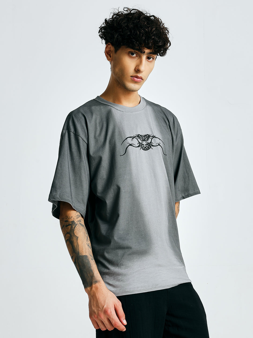 Men's Retro Wash Printed Oversized T-Shirt – Grey