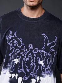 Men's Black Retro Wash Puff Printed Oversized T-Shirt
