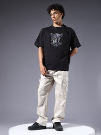 Panther Embroidered Men's Premium Oversized Terry T-Shirt – Black