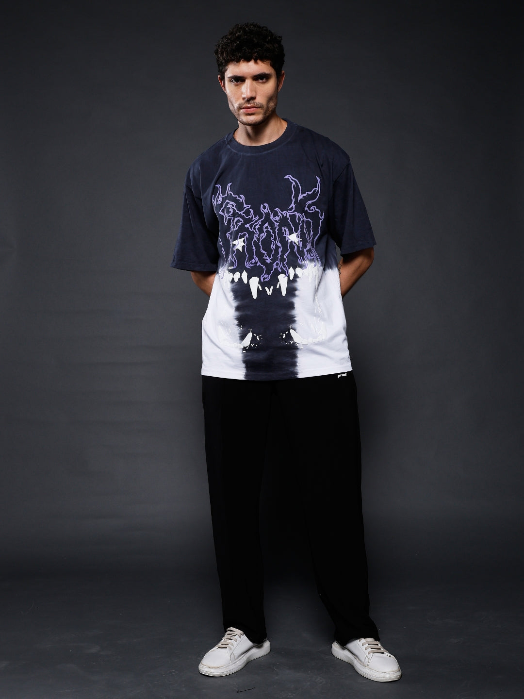 Men's Black Retro Wash Puff Printed Oversized T-Shirt