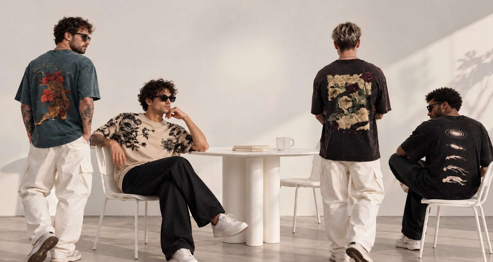 Men wearing oversized graphic T-shirts